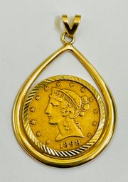14kt Yellow Gold Pendant With U.S. 1898 Gold Half Eagle Coin At Center