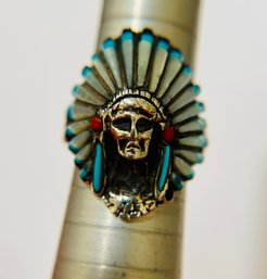 Navajo Sterling Silver Turquoise Onyx Coral MOP Chief Head Ring Size 6.5