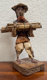 Vintage Paper Mache Figurine, Elderly Man Carrying Wood
