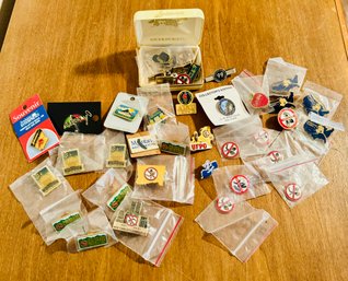 Cluster Of Various Vintage, Travel, And Work Related Pins