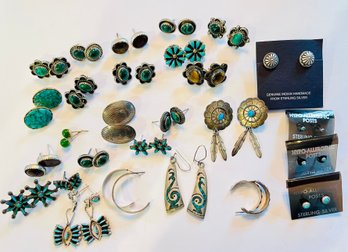 Large Collection Of Sterling Silver And Turquoise Earrings