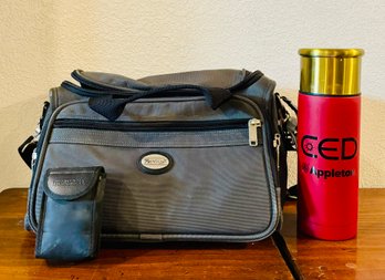 Duffle Travel Bag With Bullet Shaped Thermos And Binoculars