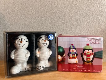 Holiday Themed Salt And Pepper Shakers! One (1) Set Of A Halloween Mummy, And One (1) Of A Christmas Penguin