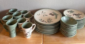 Dinnerware Set Of 8 Portfolio By Pfaltzgraff - Green And Off-white Featuring Botanical And Bird Pattern