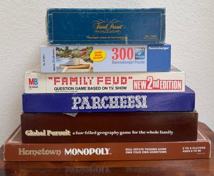 6 PC Lot Of Table Top Games Including Parcheesi, Family Feud, Global Pursuit & More