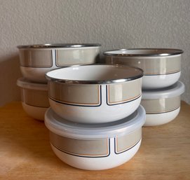 Set Of Six (6) Metal Enamel Kobe Kitchen Storage And Mixing Bowls