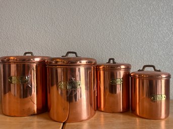 Set Of Four (4) Copper Storage Containers For The Kitchen With Brass Labels