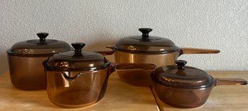 Pyrex Visions, Set Of Four (4) Handled Saucepans Of Various Sizes
