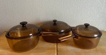 Pyrex Visions Set Of Three (3) Handled Sauce Pans