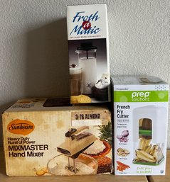 French Fry Cutter, Froth-a-matic Milk Frother, And Sunbeam Mixmaster Hand Mixer - In Original Packaging