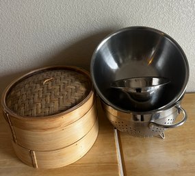 Bamboo Steamer Set, Metal Mixing Bowls, And Metal Collander