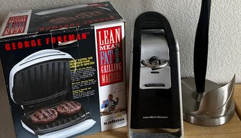 George Foreman Grill In Original Packaging, Automatic Can Opener, And Meat Tenderizer