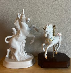 Two (2) Unicorn Figurines - One Rearing, One A Carosel Horse Music Box
