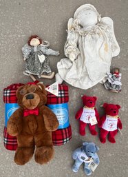 Various Stuffed Companions Plus Two Fleece Throw Blankets - Bears, Angels, And More
