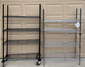 Two (2) Metal Wire Storage Shelves One Black With Wheels, The Other Chrome Without Wheels