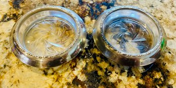 Pair Of Vintage Amston Sterling Silver & Glass Coasters