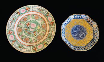 Hand Painted Chinoiserie Plates With One Rose Medallion