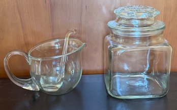 Small Glass Pitcher W/ Ladle & Jar