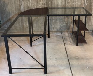 L-Shaped Metal And Wood Desk/Table With Glass Surfaces