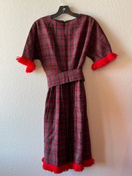 Vintage Red Plaid Midi Dress With Yarn Fringe