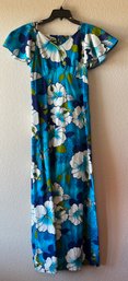 Vintage 60s Hawaiian Floral Blue Maxi Dress By Pomare