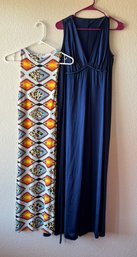Navy Blue Sleeveless Dress And Aztec Pattern Midi Dress