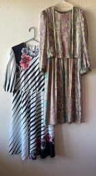 Vintage 80s Beige Multi Abstract Chiffon Puff Sleeve Dress And Black And White Print Midi Dress