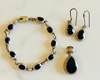 Sterling Silver And Onyx Bracelet And Earring Set