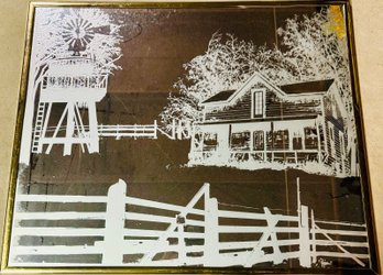 Vintage Farm Etched Mirror In Gold Frame