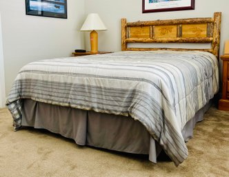 Hand Crafted Wood Log Queen Bed Headboard & Sealy Queen Mattress Includes Bedding