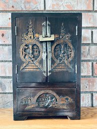 Vintage Chinese Etched Wooden Jewelry Box- No Key