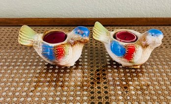 Pair Of Drip Glaze Ceramic Bird Tealight S