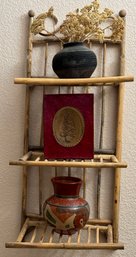 Wooden 3-tier Hanging Wall Rack W Asian Vases & Display Box Decor