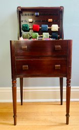 VINTAGE CASWELL-RUNYON SEWING CABINET & THREAD SPOOLS & TRAY