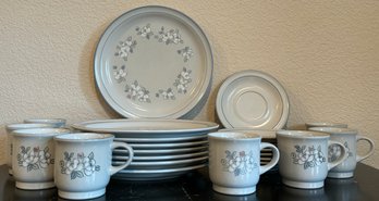 Large Set Of Chantilly Hand Decorated Stoneware Dinner Plates, Tea Cups, & Saucer Plates