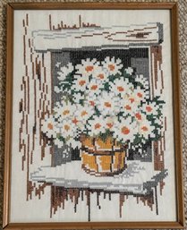 Framed Hand Stitched Flowers On Windowsill