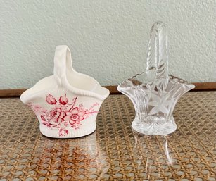 Pair Of White Ceramic Decorative Basket And Crystal Decorative Hand Basket