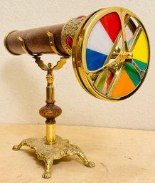 Large 12' Brass Kaleidoscope With Dual Stained Glass Dials & Double Clamp Base