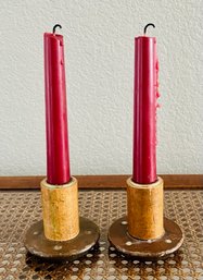 Set Of Red Candles With Wood And Brass Holders