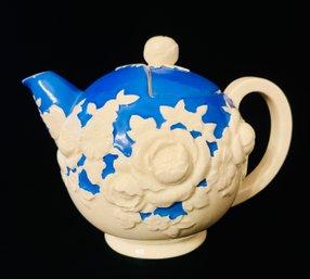 Vintage Moriyama Mori-machi Blue And White Embossed Floral Teapot Japan