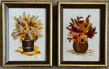 Pair Of Framed Hand Embroidered Floral Wall Decor