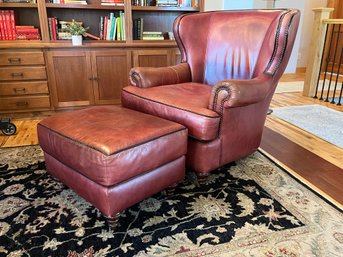 Red Leather Wingback Lounge Chair With Ottoman