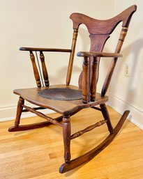 Wooden Rocking Chair With Carved Leather Seat