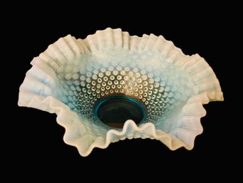 Vintage Blue Opalescent Hobnail Ruffled Crimped Rim Bowl