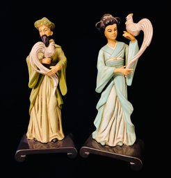 Signed, Asian Man And Woman Holding Roosters Figurines