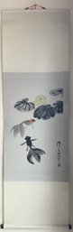 Chinese Silk Painted Scroll, Koi Goldfish In Pond And Success Carving On Wood By Diana Kwan