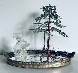 Vanity Mirror Tray, Small Bird Perfume Bottles And Decorative Wire Tree
