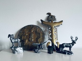 Pewter Figurines, And Brass Amulet Decor