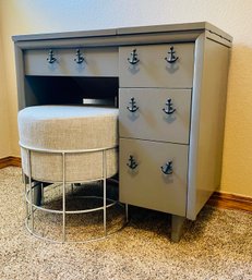 Nautical Themed Sewing Table With Sewing Supplies And Upholstered Cage Ottoman