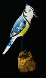 Handpainted & Handcarved Blue Jay Figurine On Wood Stand